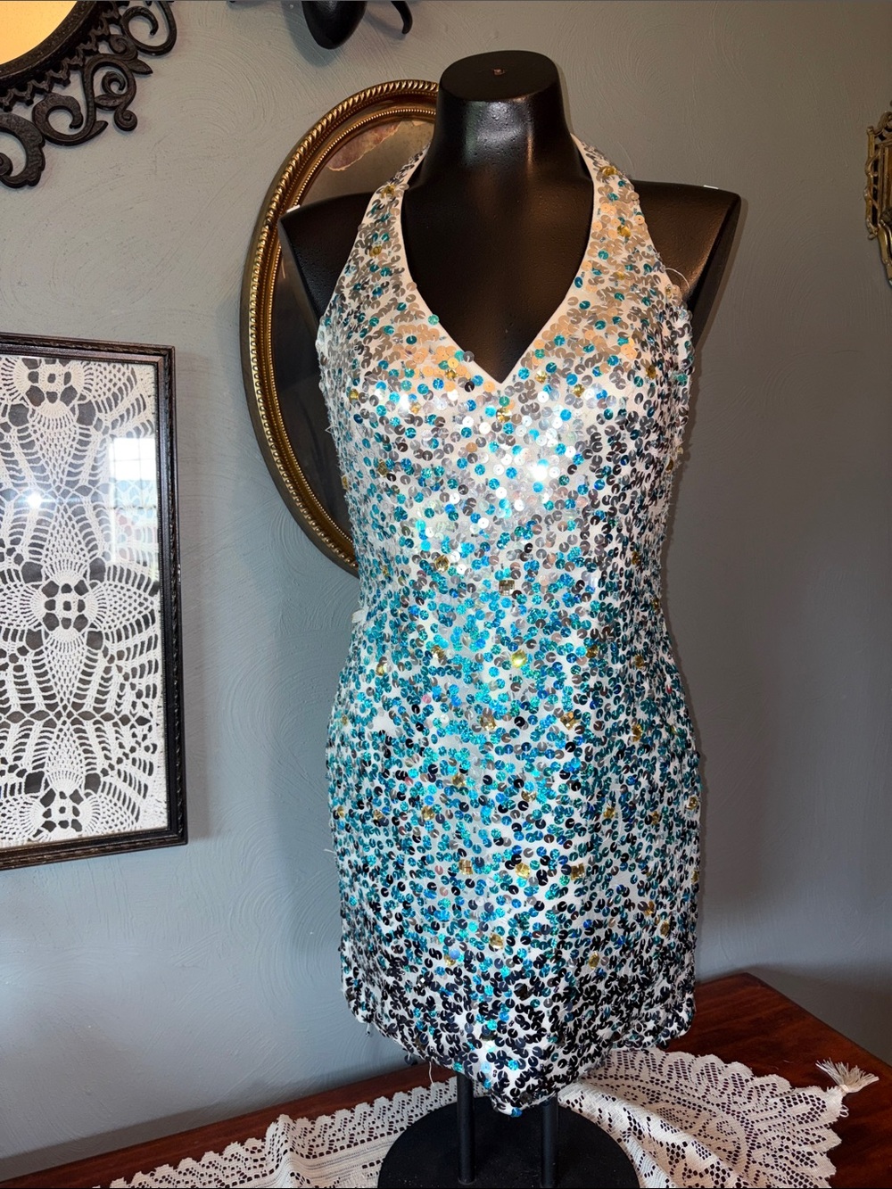 Dave & Johnny White Mini Dress with Blue and Silver Sequins